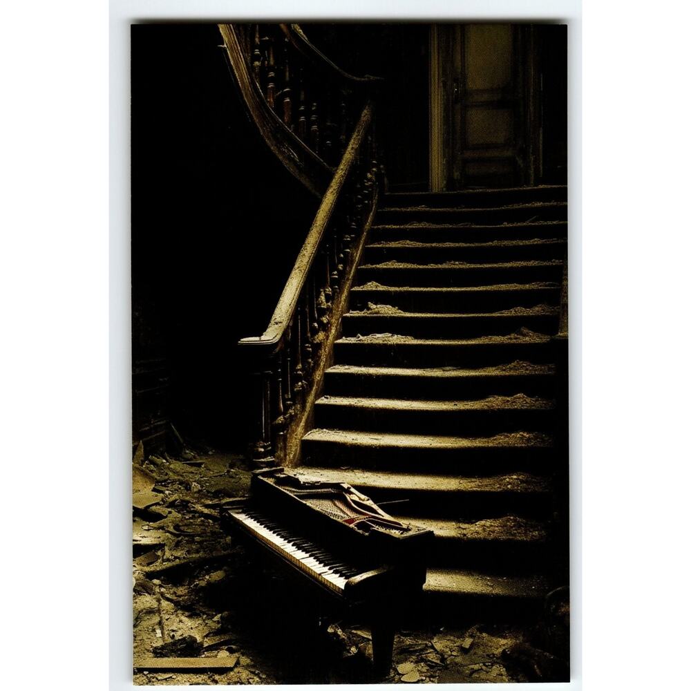 Photochrome Postcard Abandoned Piano Staircase Vintage 5.5x4 in